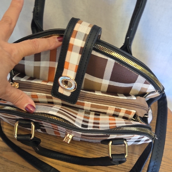 Stylish Plaid Handbag - Black, Brown, and Orange - Picture 7 of 12